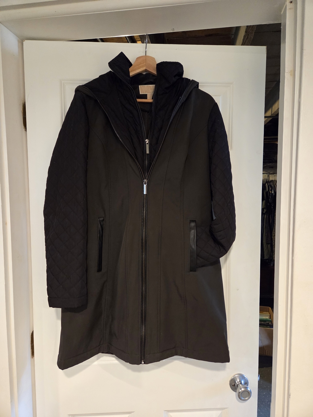 Michael Kors Black And Olive Green Hooded Quilted Coat